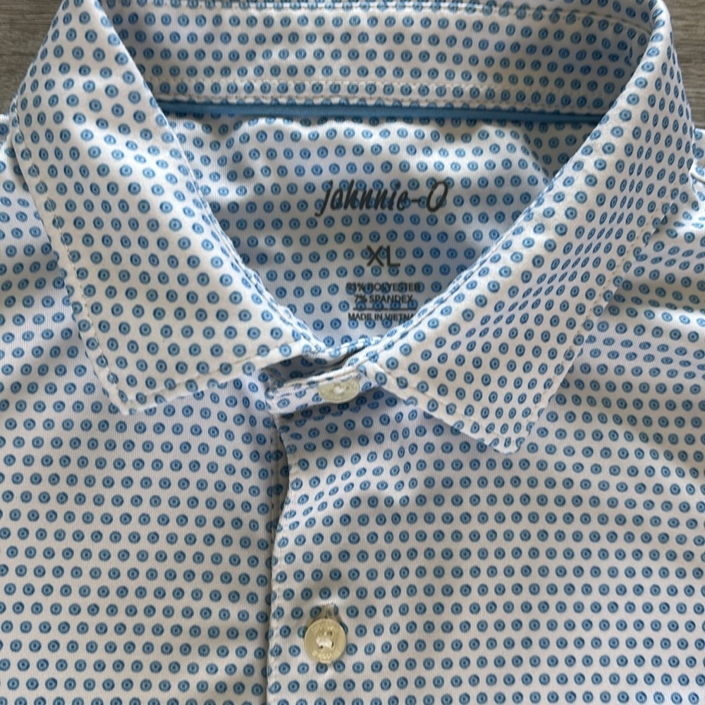 Johnnie O Polo Shirt Men's Xl Blue/White Golf Print Longview Logo - Picture 3 of 8